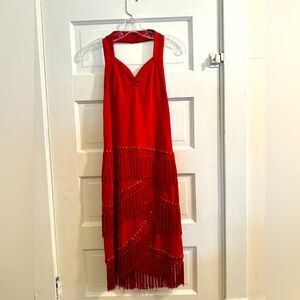 Red Tassel Halter Dress with Rhinestone Detail